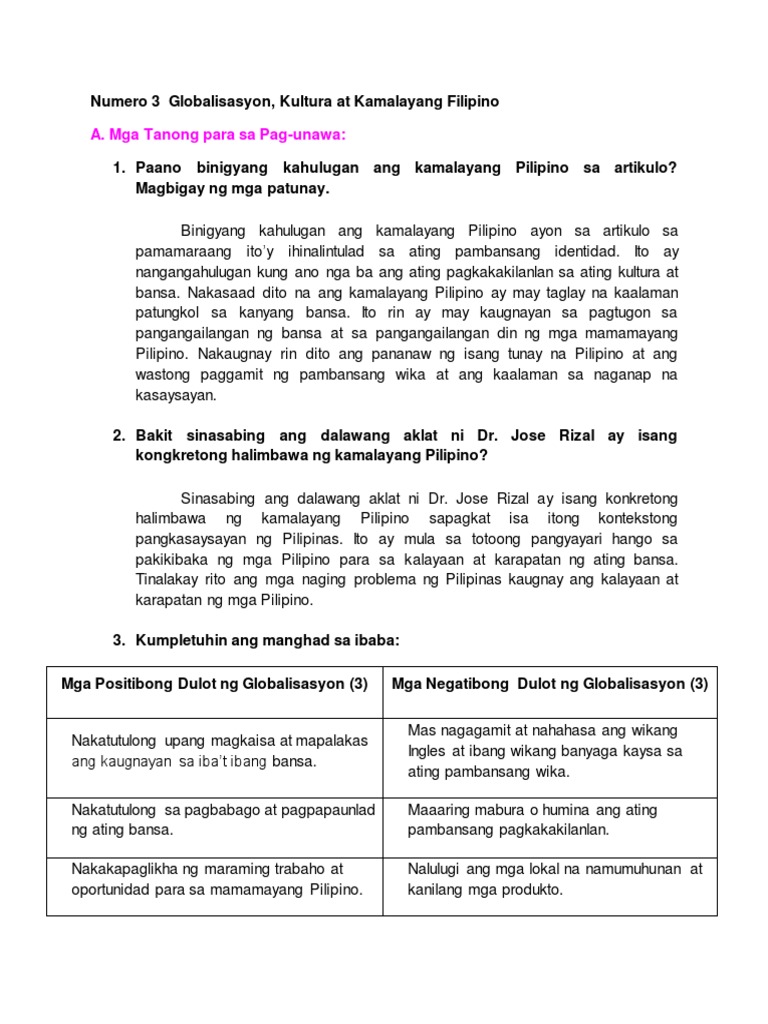 Numero 3 Globalisasyon, Kultura at Kamalayang Filipino | PDF
