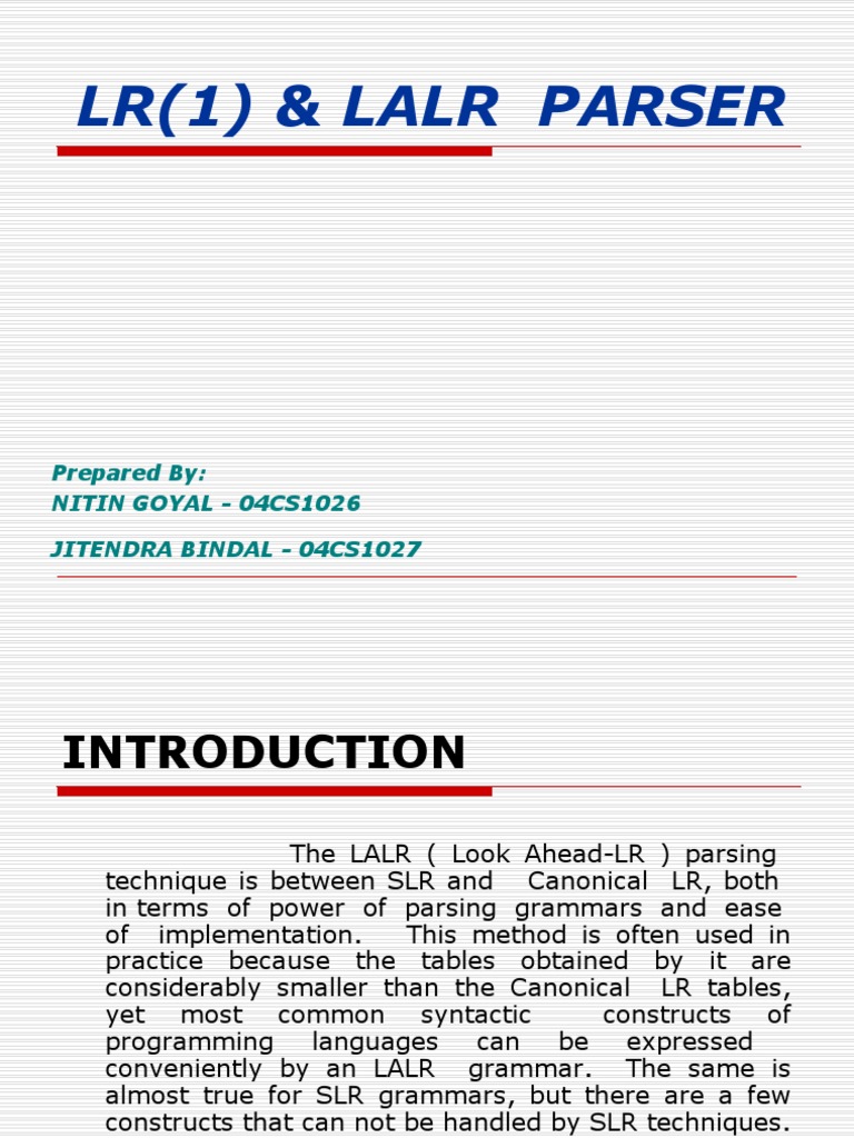 LR (1) & Lalr Parser: Prepared By: Nitin Goyal - 04Cs1026 Jitendra ...