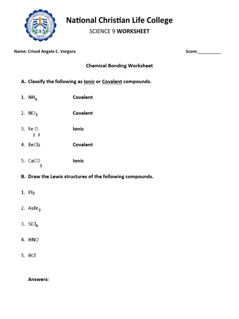 National Christian Life College: Science 9 Worksheet | PDF