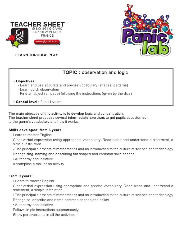 Teacher Sheet: TOPIC: Observation and Logic | PDF | Cognition