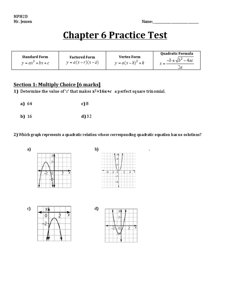 Quadratic Equations Practice Test | PDF | Quadratic Equation ...