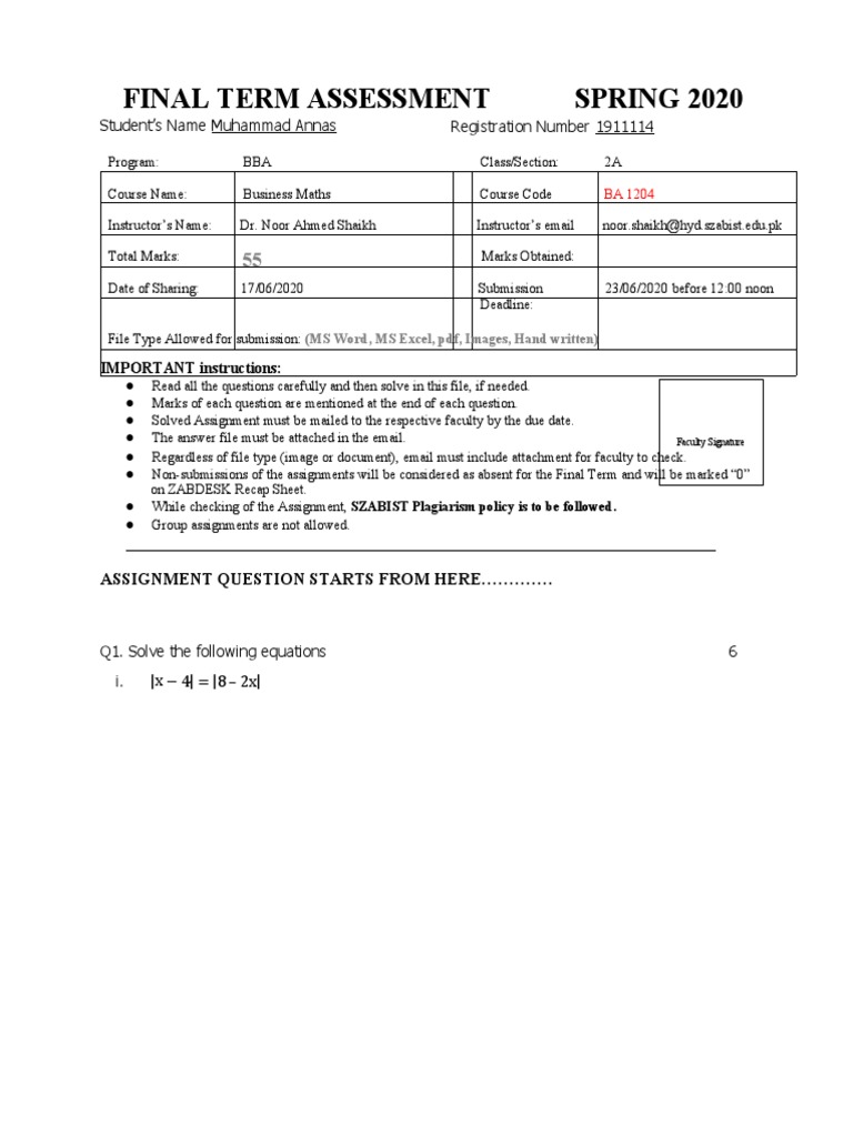 Final Term Assessment Spring 2020: Student's Name Muhammad Annas ...