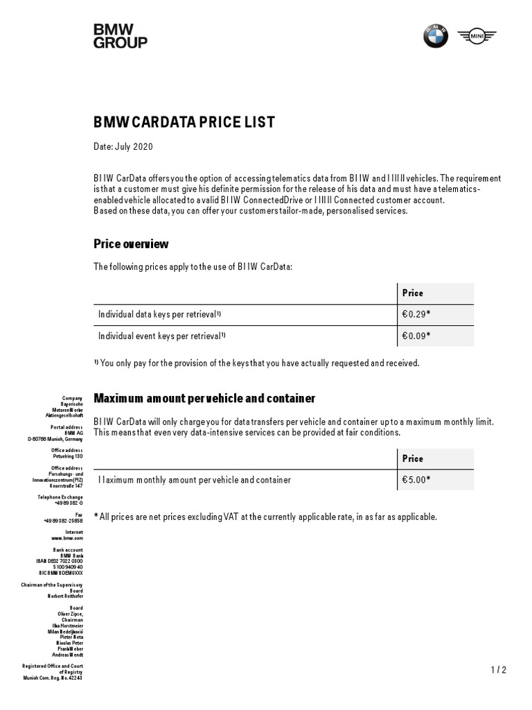 BMW Cardata Price List | PDF | Bmw | Service Industries
