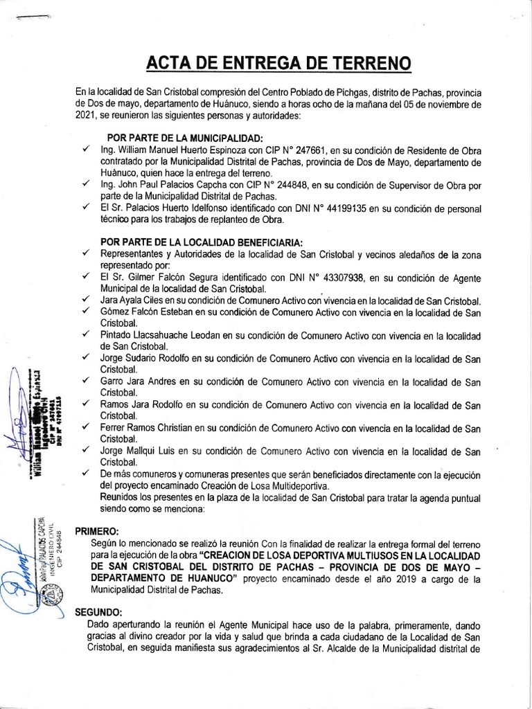 Juego de Actas de Inicio de Obra y Entrega de Terreno | PDF