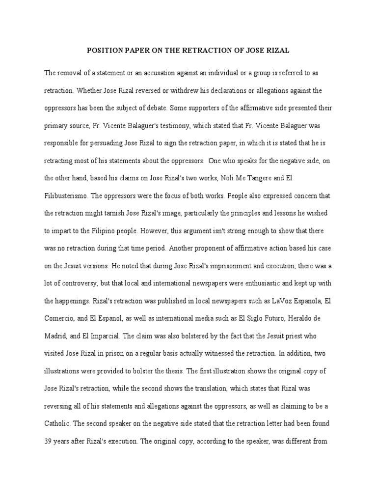 Affirmative Position on Rizal's Retraction | PDF | Social Science | History