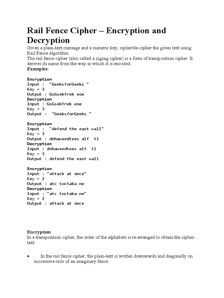 Rail Fence Cipher Encryption and Decryption Examples PDF