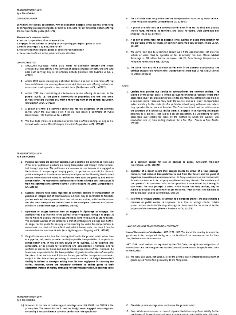 Elements of A Common Carrier PDF Legal Liability Common Carrier