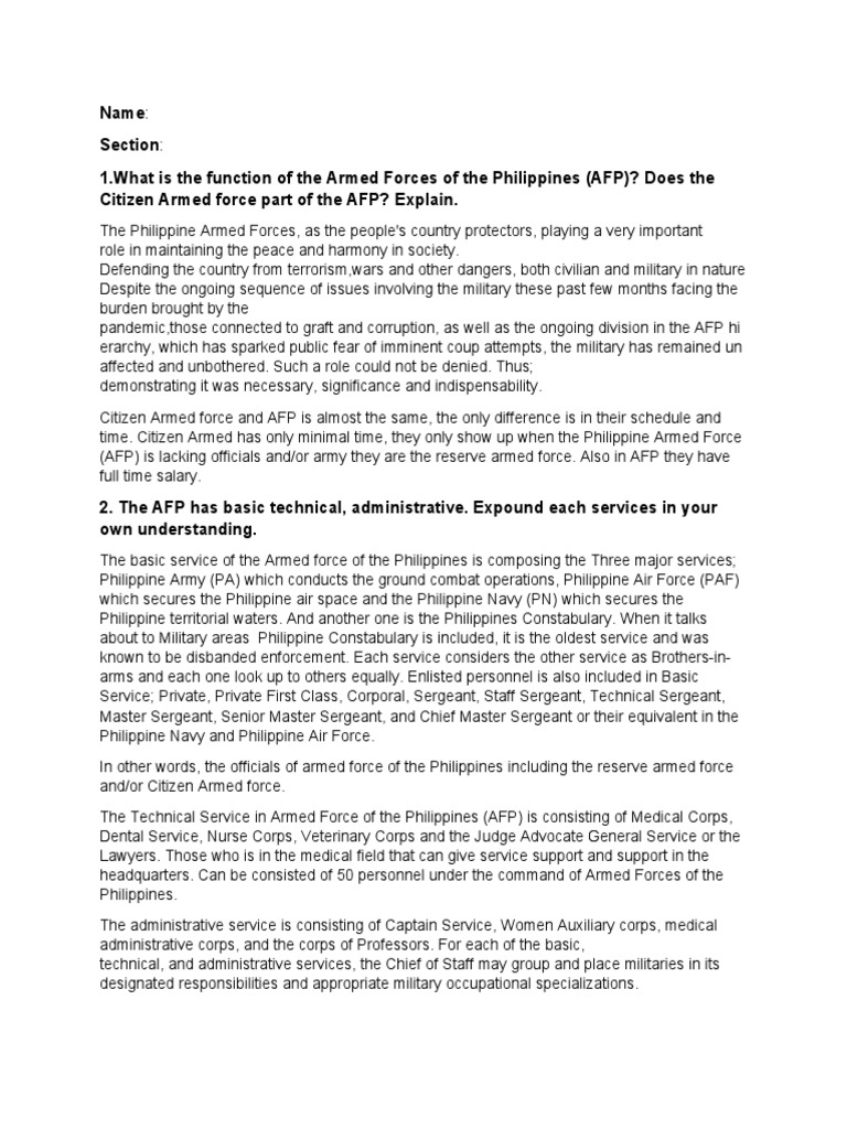 Name Section 1.what Is The Function of The Armed Forces of The