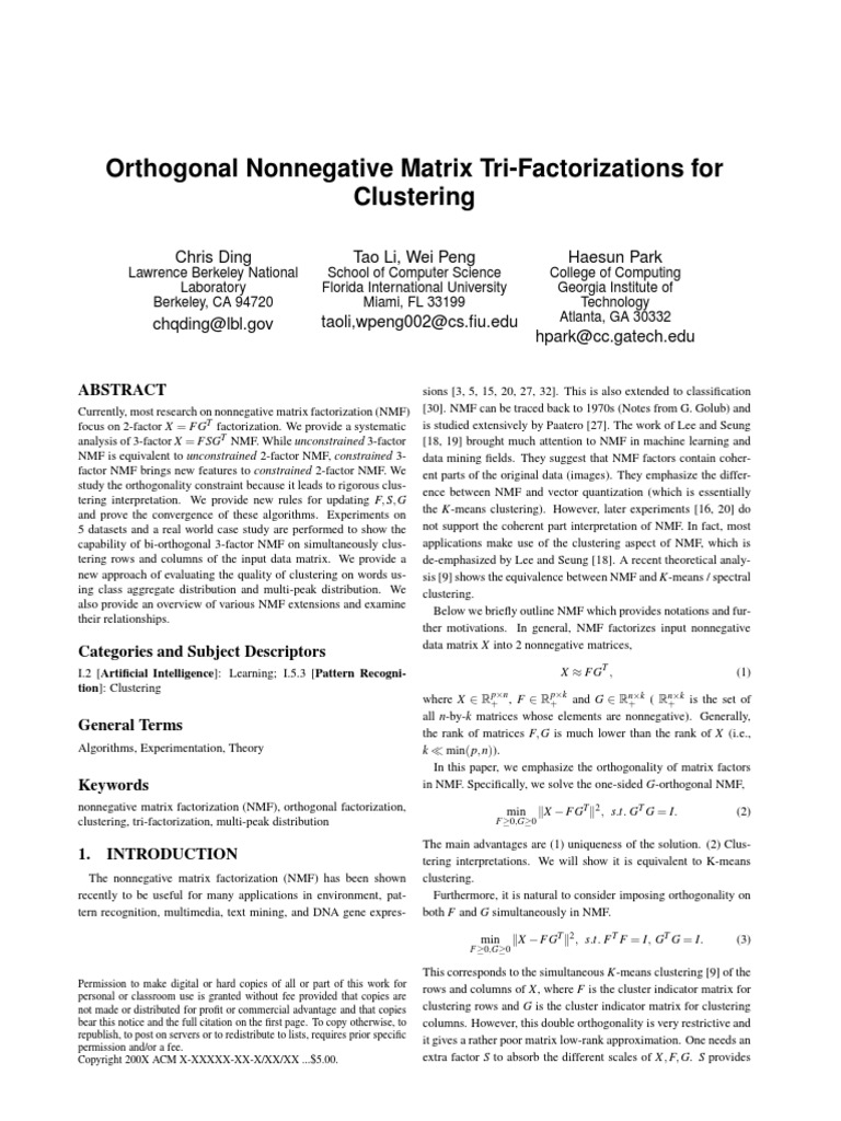 Orthogonal Nonnegative Matrix TriFactorizations For Clustering PDF