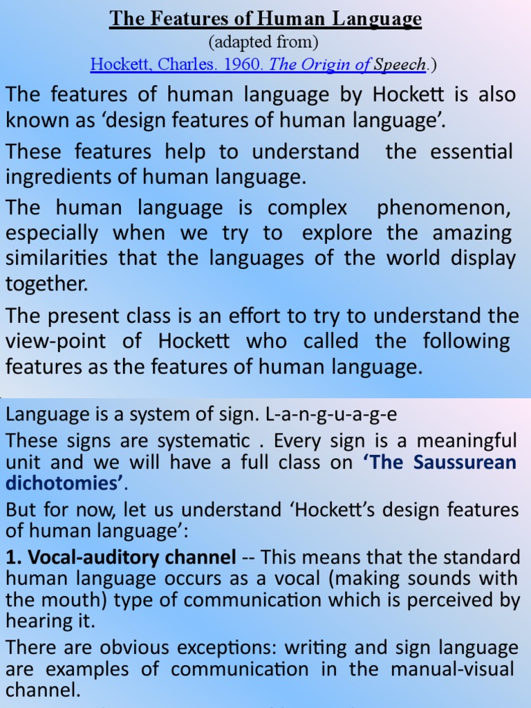 Linguistics: Hockett's Language Features | PDF | Sound | Speech
