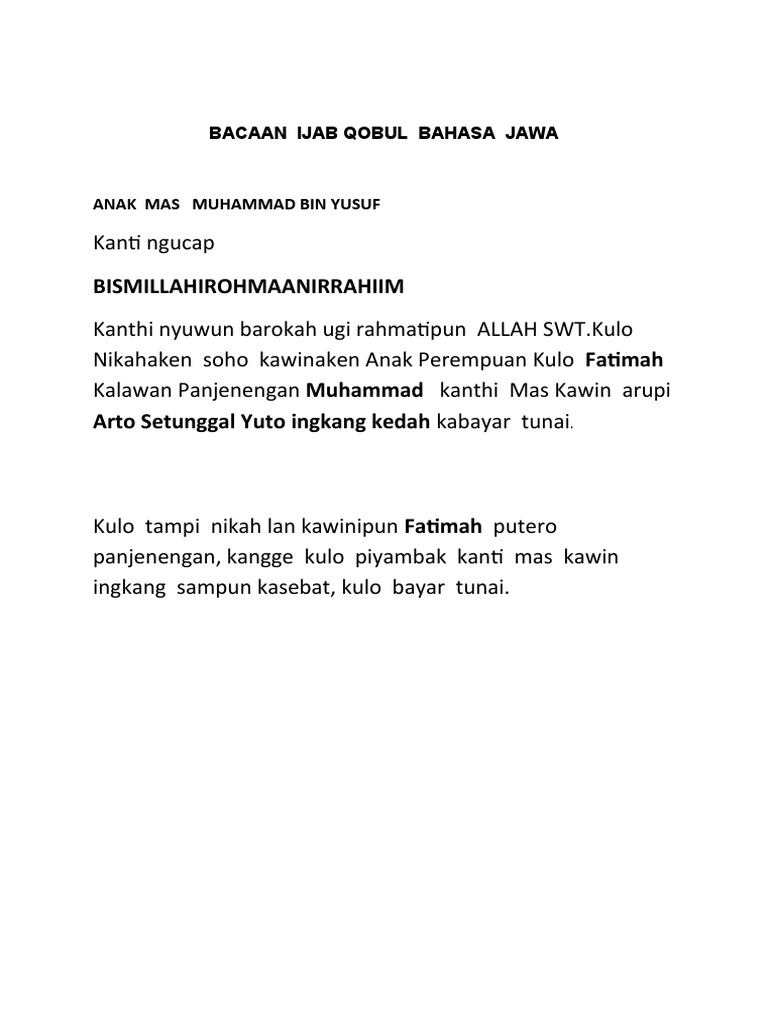 Bacaan Ijab Qobul Bahasa Jawa 2021 Pdf