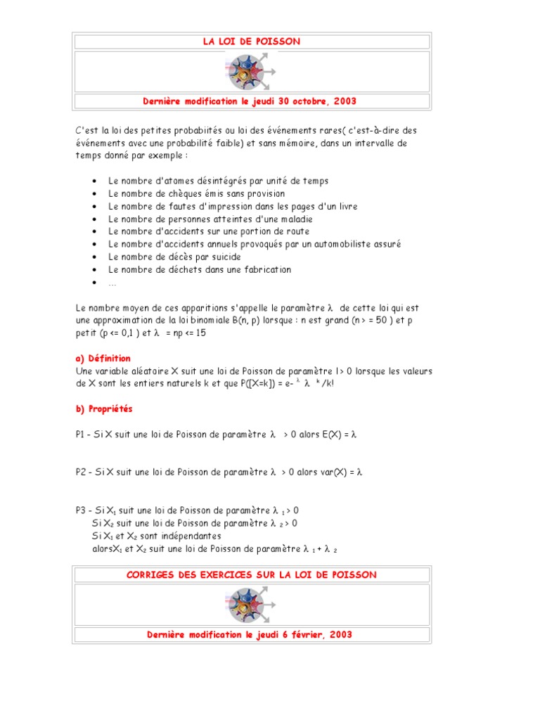 Exercice Probabilité Brevet Avec Corrigé Pdf Corriges Des Exercices Sur La Loi de Poisson | PDF | Loi de Poisson |  Enseignement des mathématiques