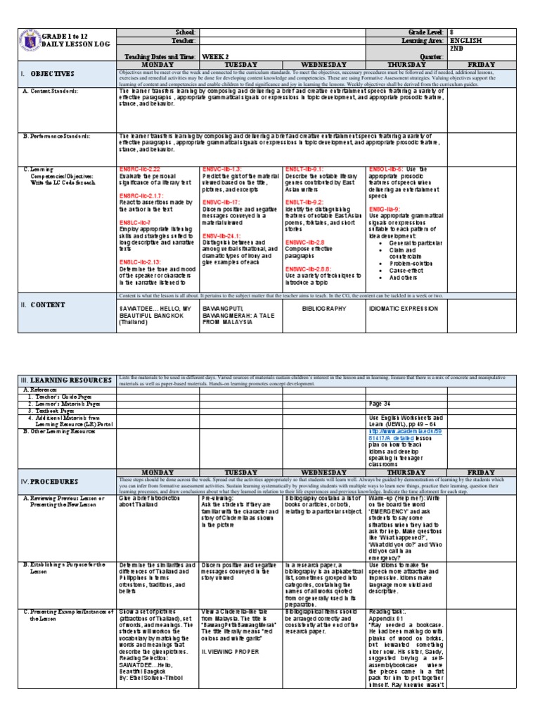 Grade 8 English Daily Lesson Log | PDF | Learning | Bibliography
