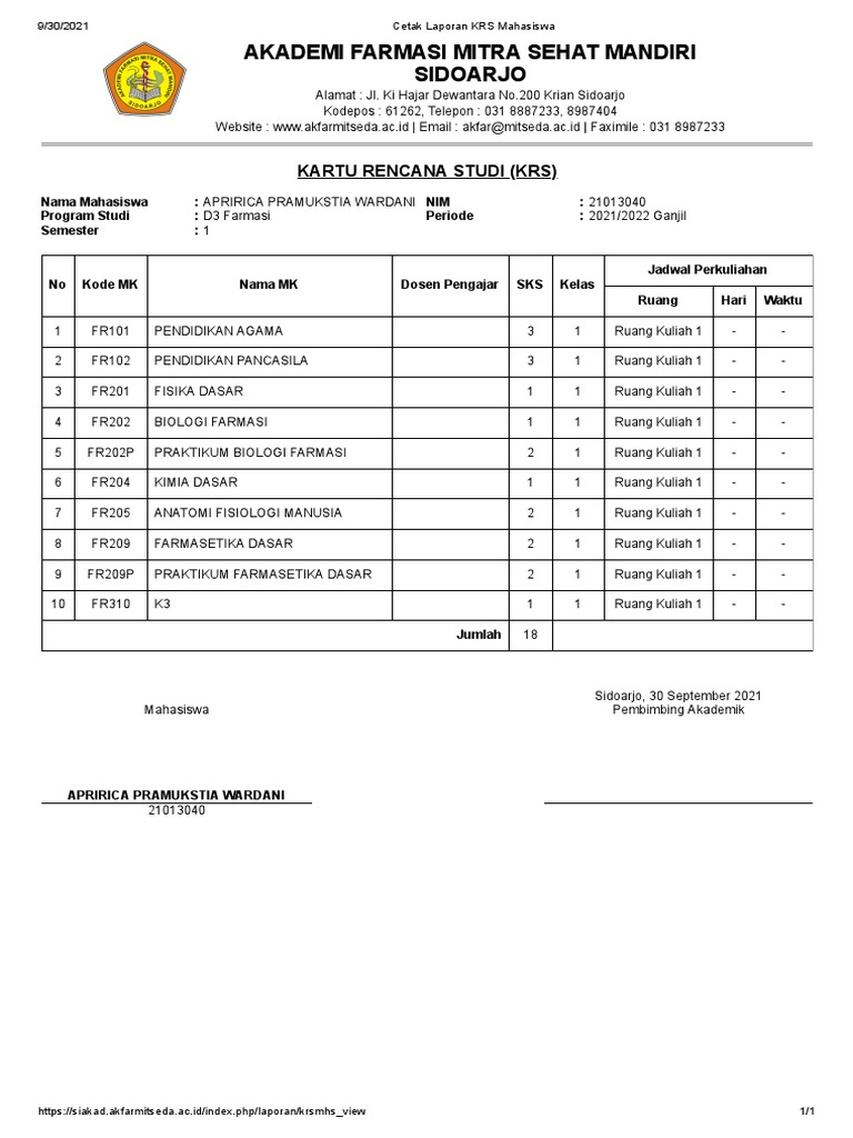 Kartu Rencana Studi Mahasiswa 2021 | PDF