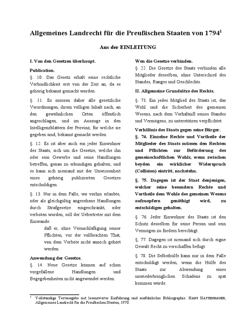 Allgemeines Landrecht Für Die Preußischen Staaten Von 1794 Aus Der Einleitung PDF