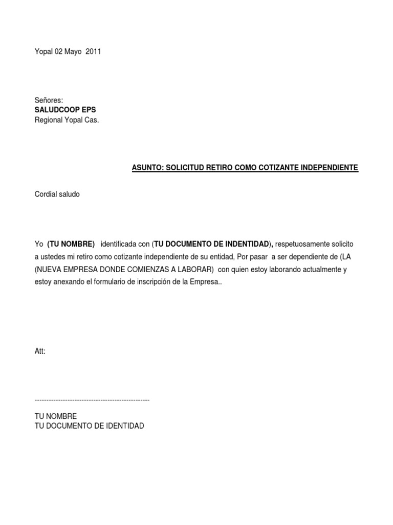 Modelo de carta de desafiliación de eps