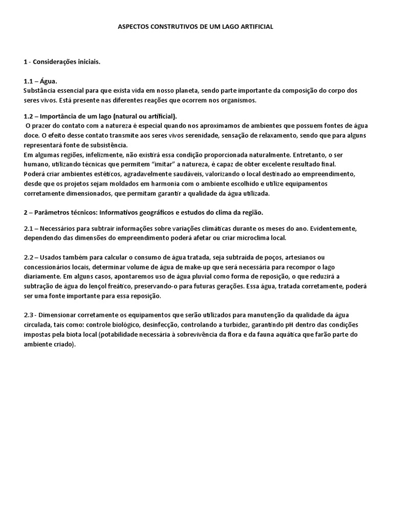 Memória de Cálculo de Lago Artificial PDF Água Qualidade da água