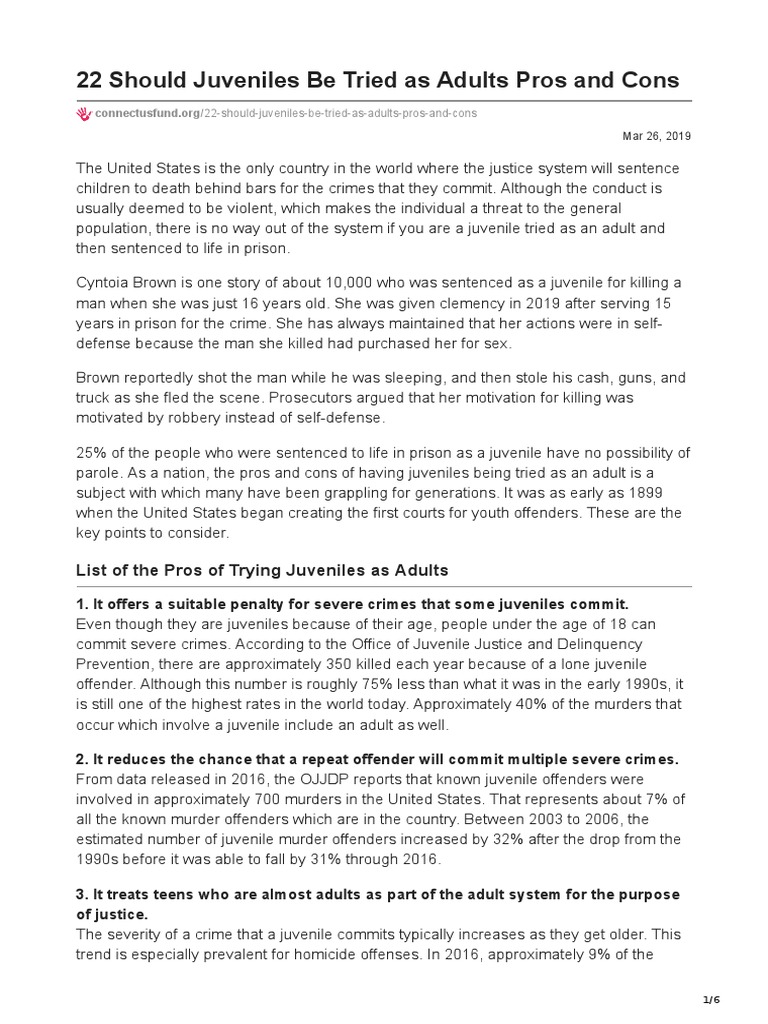 22 Should Juveniles Be Tried As Adults Pros and Cons PDF Juvenile