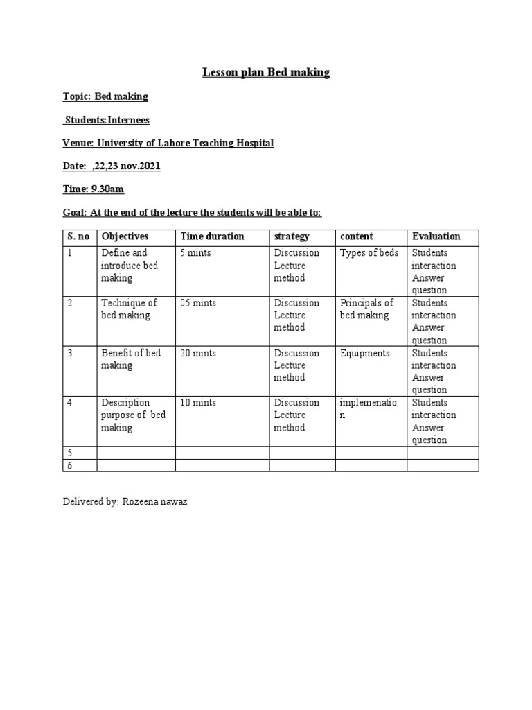Lesson Plan Bed Making Pdf