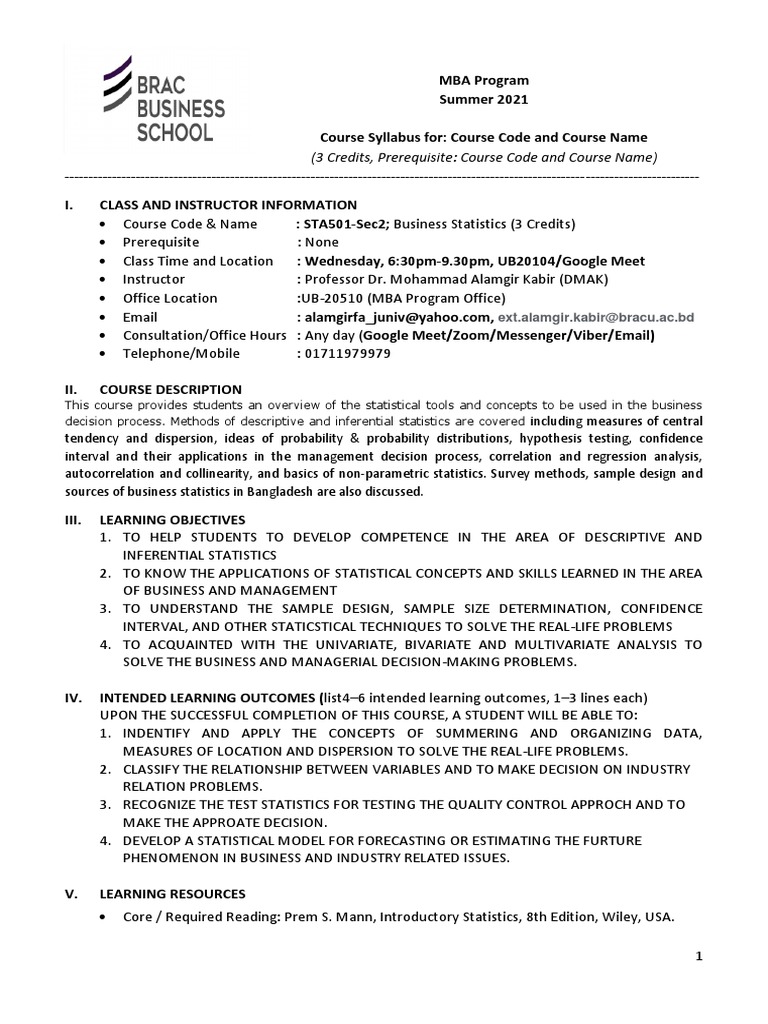 Business Statistics MBA Syllabus | PDF | Regression Analysis | Statistics