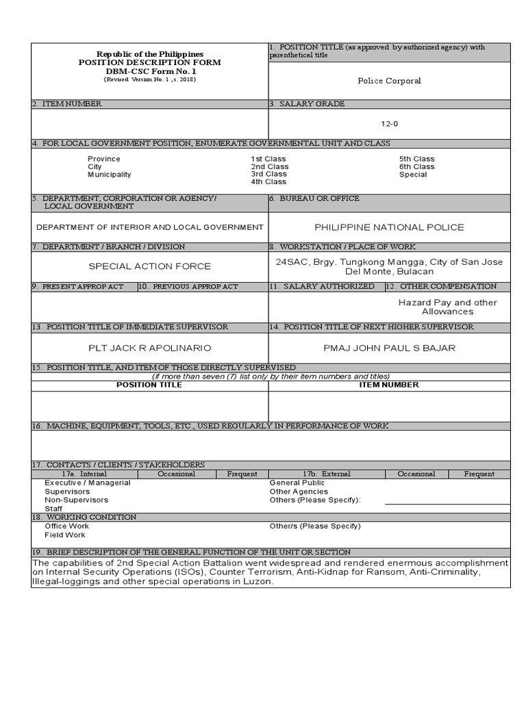 Dbm csc form no 1 position description forms long pdf competence