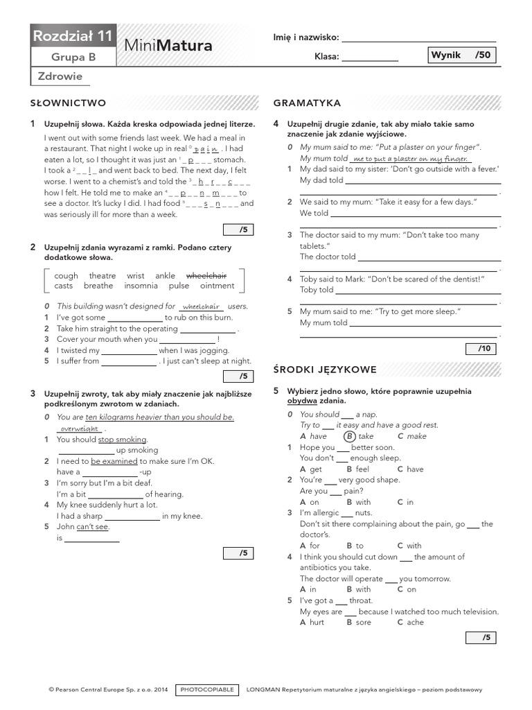 Test Unit 11 Zdrowie Odpowiedzi