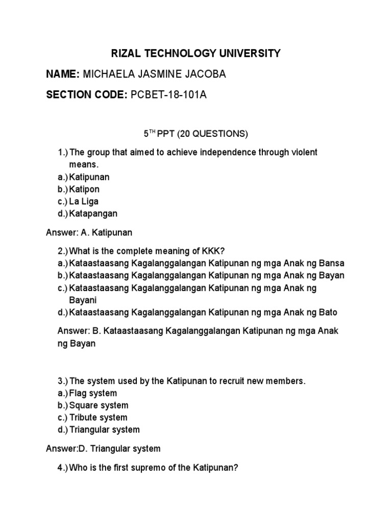 History Questions 5TH PPT (Jacoba) PDF Philippines Wars Of