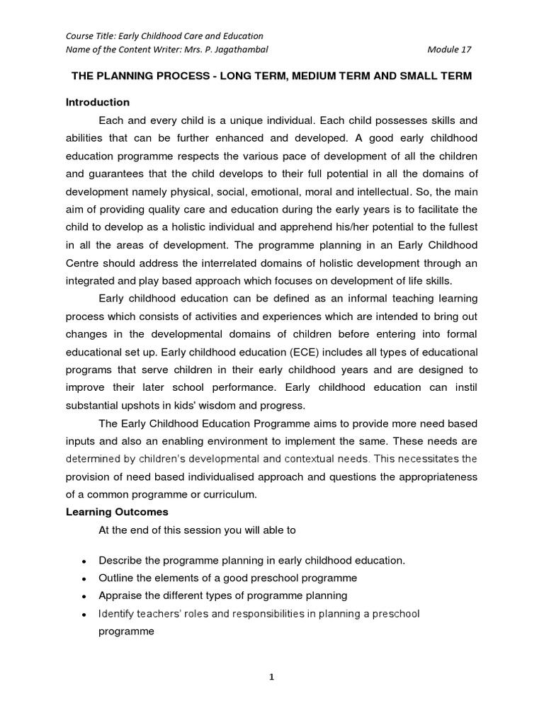 Planning in Early Childhood Education | PDF | Early Childhood Education ...