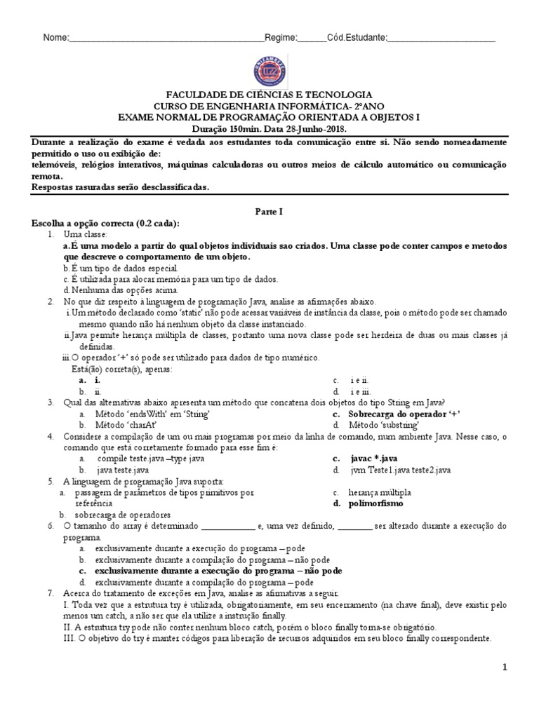Exame de Programação Orientada a Objetos | PDF | Classe (programação de ...