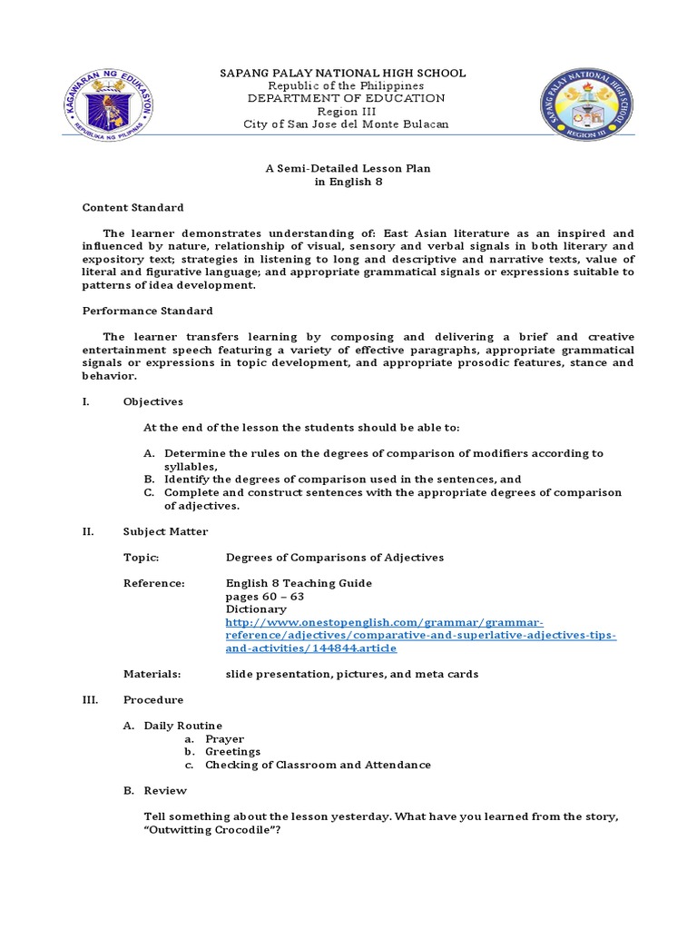 Lesson Plan Degrees Of Adjectives Download Free Pdf English