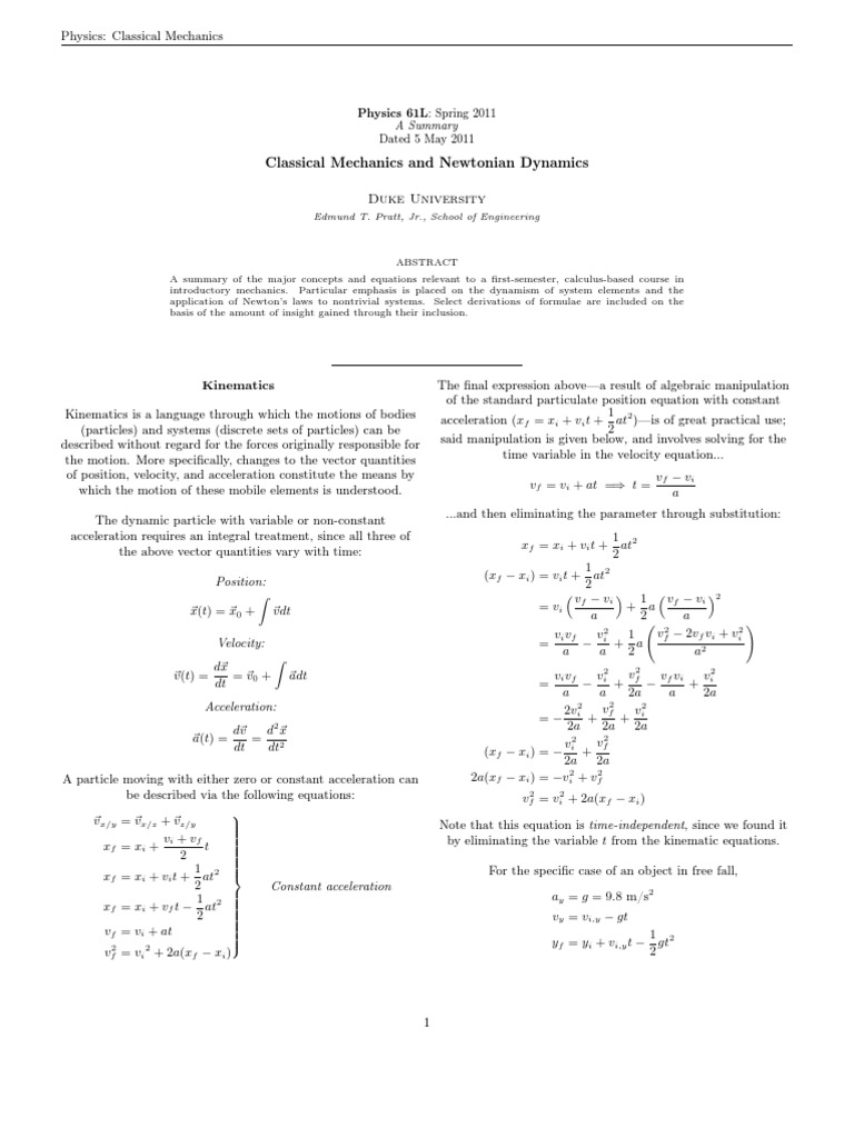 Introductory Physics Classical Mechanics Summary Of Equations Pdf