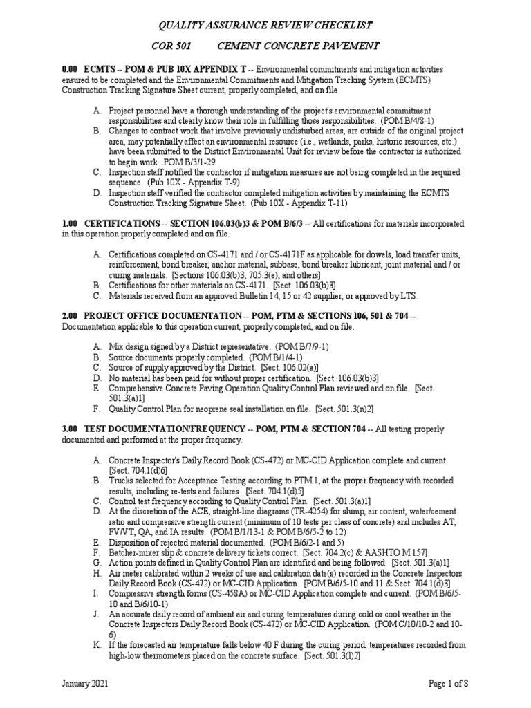 Quality Assurance Review Checklist Cor 501 Cement Concrete Pavement ...