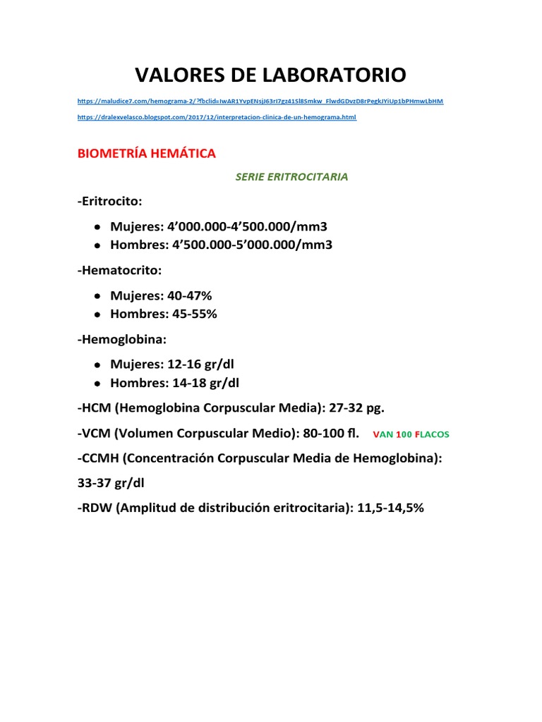 Valores de Laboratorio | PDF | Transaminasa | Coagulación