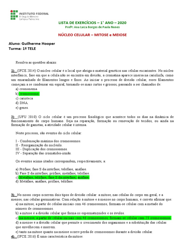 Exercícios sobre Núcleo Celular e Divisão | PDF | Meiose | Mitose