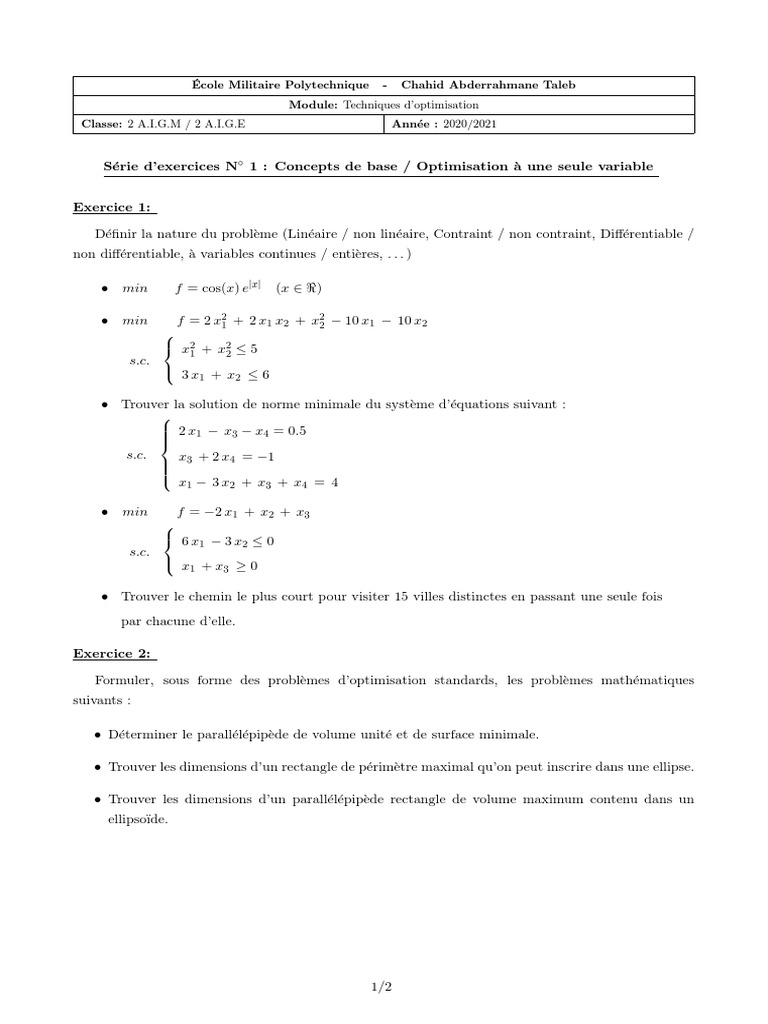 Exercices d'Optimisation Mathématique | PDF | Extremum | Optimisation ...