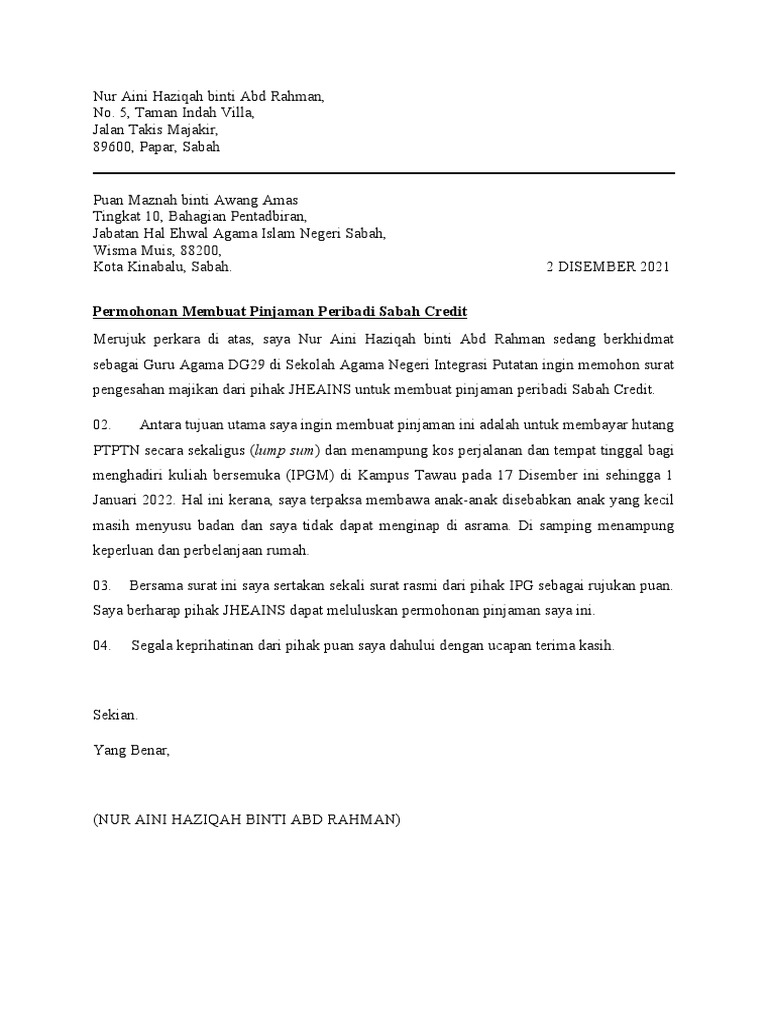 Permohonan Membuat Pinjaman Peribadi Sabah Credit Pdf