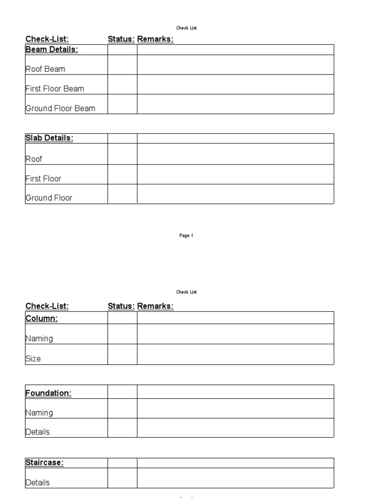 Check-List: Status: Remarks: Beam Details:: Roof Beam First Floor Beam ...