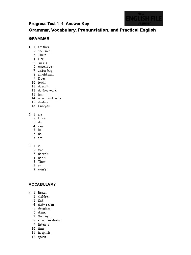 Progress Test 1-4 Answer Key | PDF | Vocabulary | Question