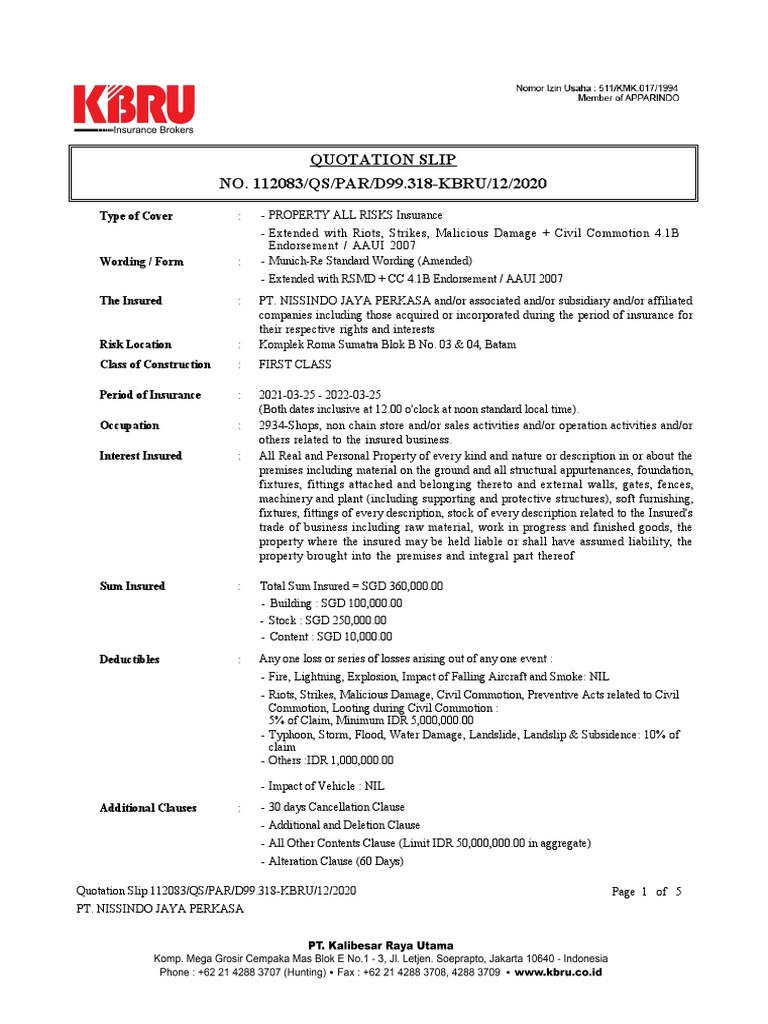 Quotation Slip NO. 112083/QS/PAR/D99.318KBRU/12/2020 Type of Cover