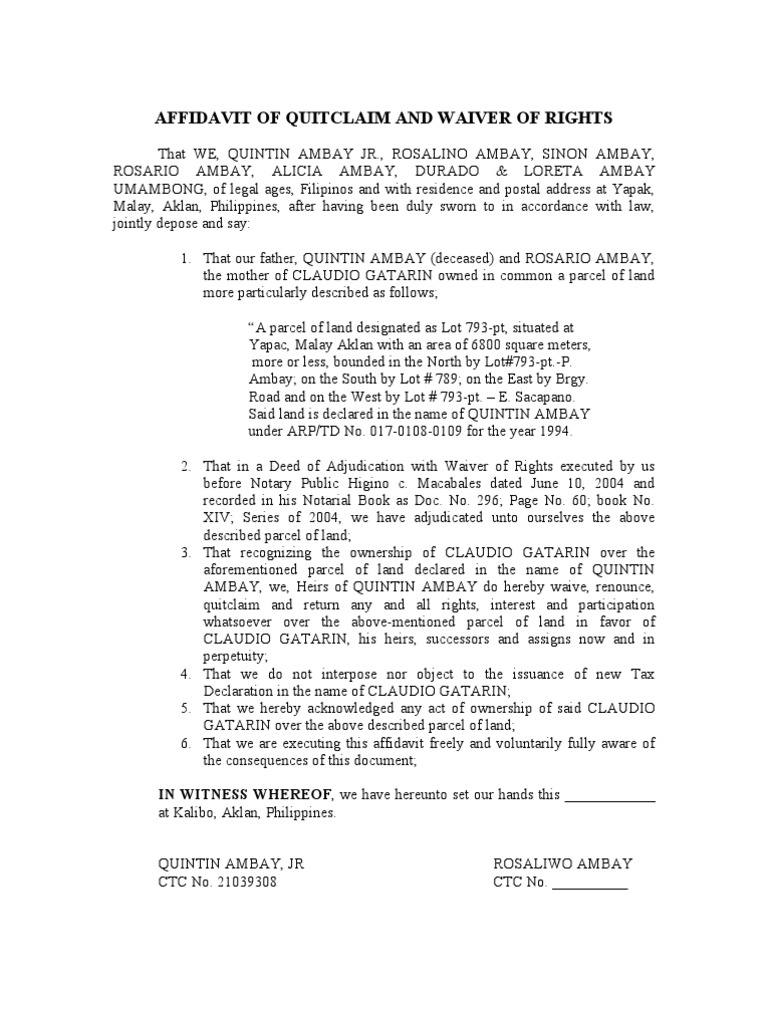 Affidavit+of+Quitclaim Land Lot Philippines