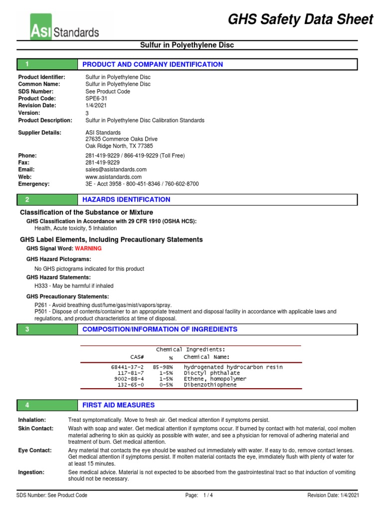 GHS Safety Data Sheet Sulfur in Polyethylene Disc PDF Hazardous