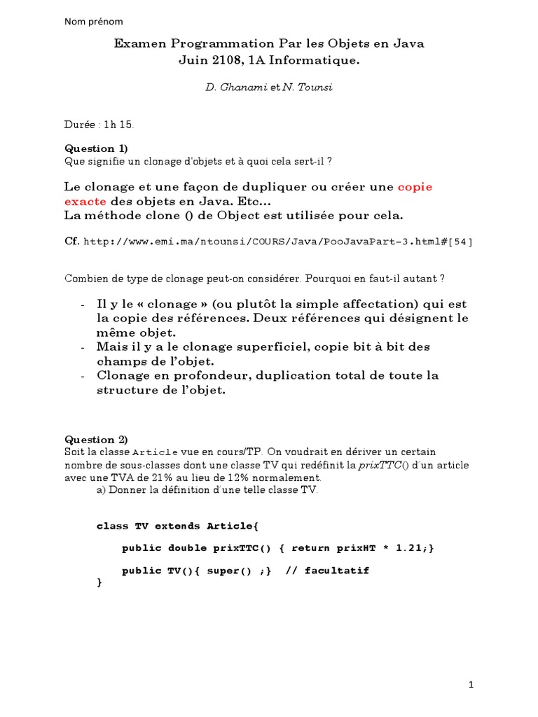 Clonage et Interfaces en Java : Examen 1A | PDF | Interface ...