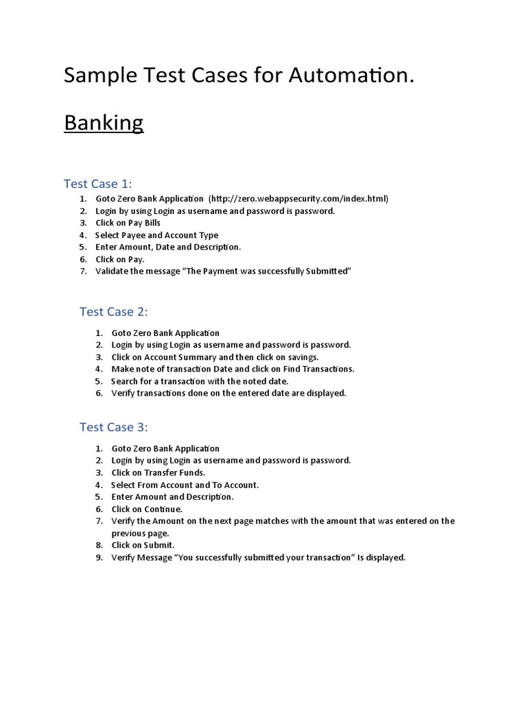 Sample Test Cases For Automation. Banking PDF Password Payments