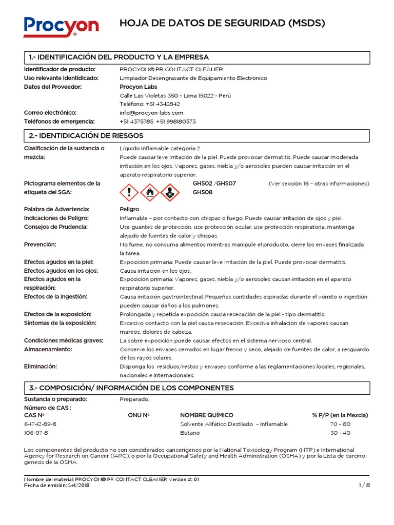 PR Contact Cleaner Msds PDF Agua Residuos