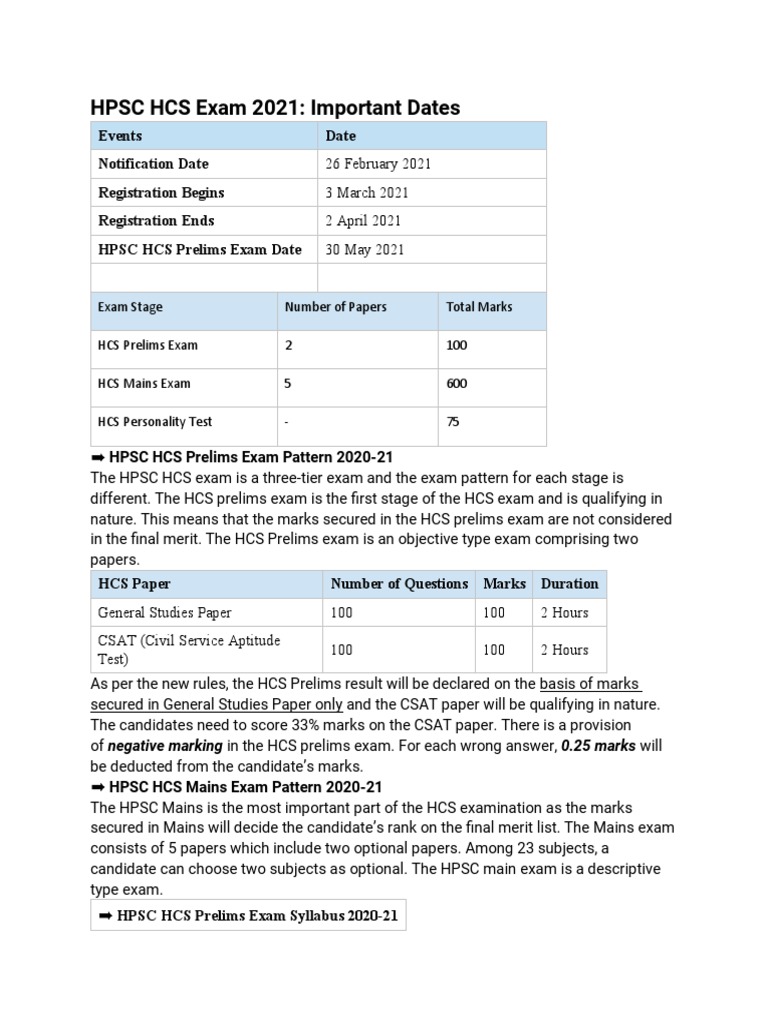 HPSC HCS Exam 2021: Important Dates | PDF | Test (Assessment) | Science