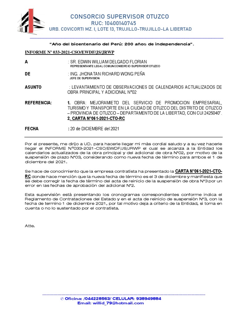 Informe 033 - Informe Del Supervisor | PDF