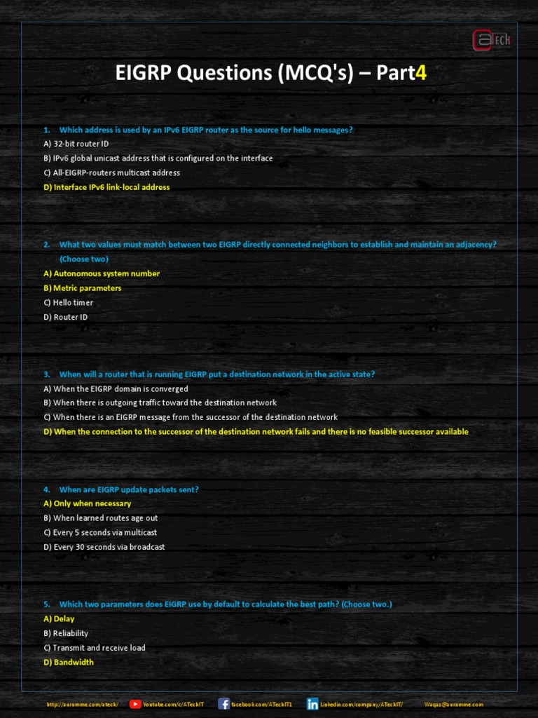 EIGRP Configuration and Troubleshooting MCQs | PDF | Routing | Router ...