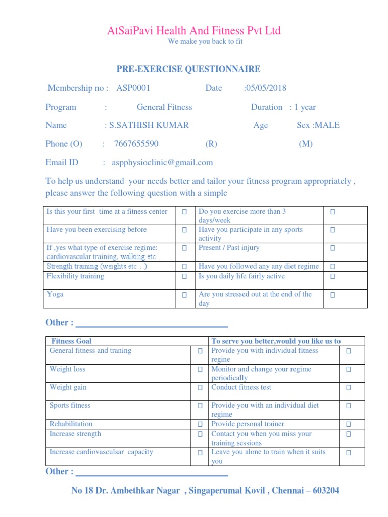 Atsaipavi Health and Fitness PVT LTD PreExercise Questionnaire PDF