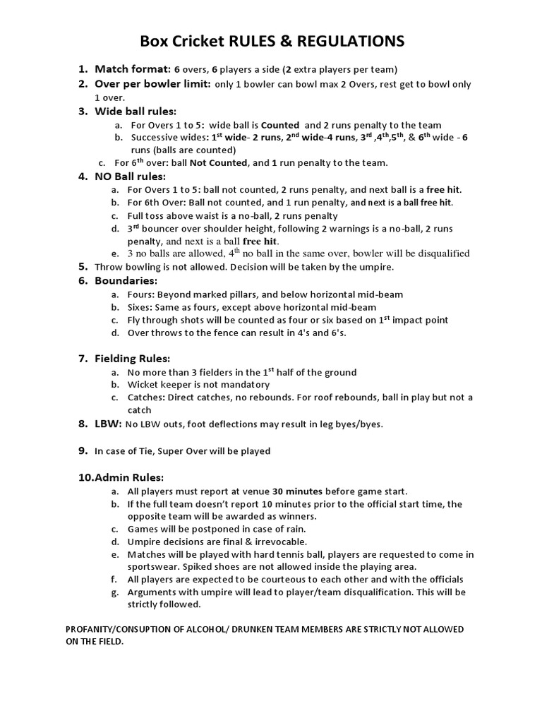 Box Cricket Rules & Regulations | PDF | Bowling (Cricket) | Athletic Sports