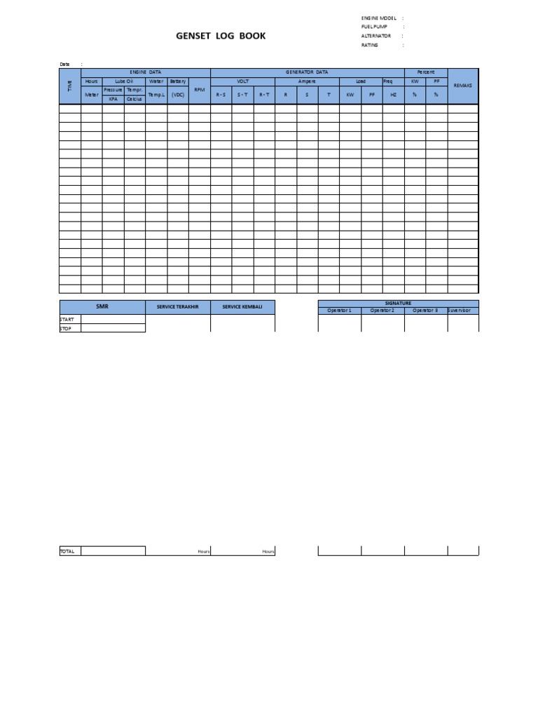 Genset Log Book Service Terakhir Service Kembali Signature Download